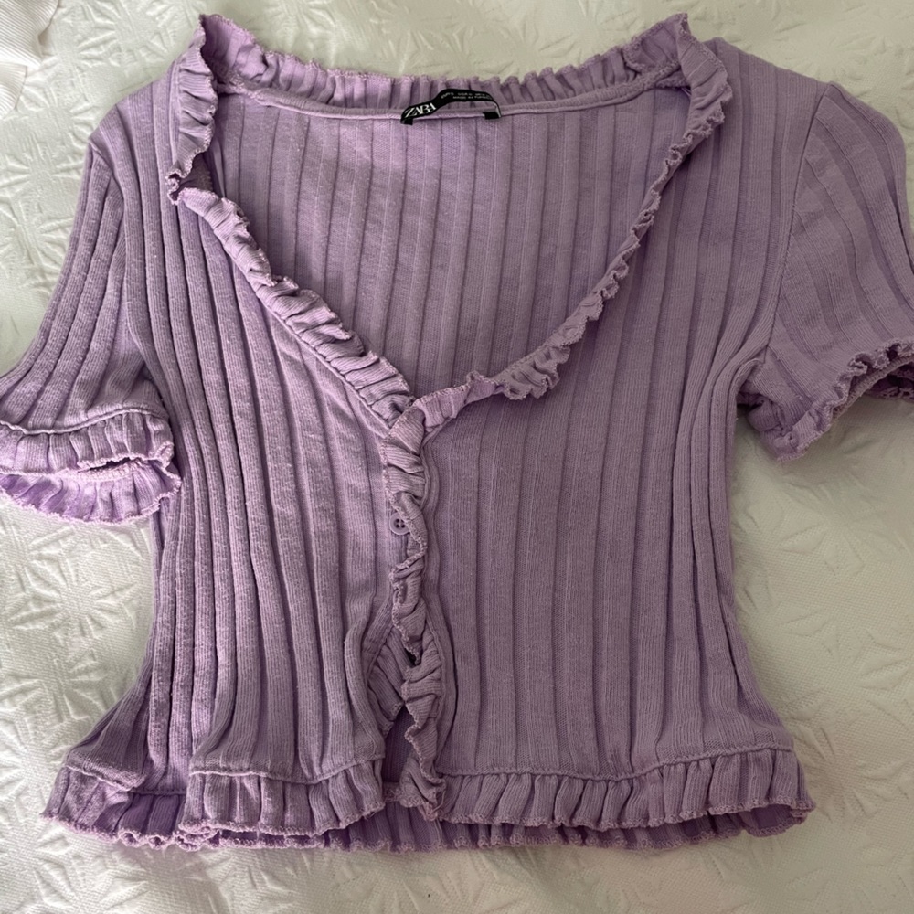 Purple Zara ruffled button down top